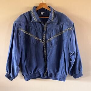 Vintage FUDA International Silk Jacket Navy Blue & Gold Large 1990s